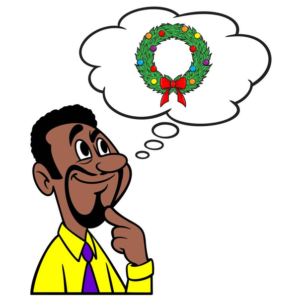 Mann denkt über einen Weihnachtskranz nach - Eine Cartoon-Illustration eines Mannes, der über einen Weihnachtskranz für Haustürdekoration nachdenkt. - Vektor, Bild