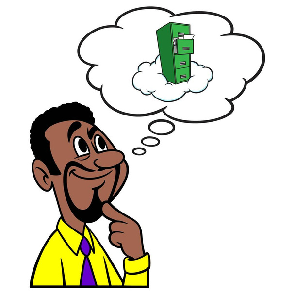 Man thinking about Cloud Storage - A cartoon illustration of a man thinking about Cloud Storage for Files. - Vector, Image