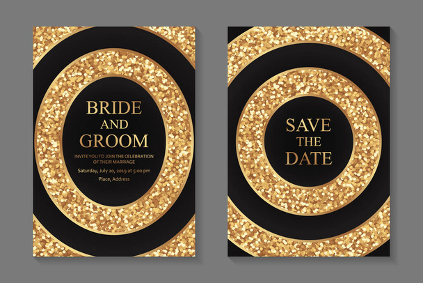 Sada moderních geometrických luxusních svatebních pozvánek design nebo karetní šablony pro obchodní nebo prezentaci nebo pozdrav se zlatými třpytkami a černými kruhy. - Vektor, obrázek