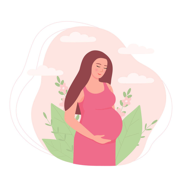 Μια έγκυος γυναίκα με φόρεμα. Όμορφη μέλλουσα μητέρα ανάμεσα στα λουλούδια. Επίπεδη διανυσματική απεικόνιση, έννοια μητρότητας και υγείας για το σχεδιασμό, τις κάρτες και τα φυλλάδια - Διάνυσμα, εικόνα