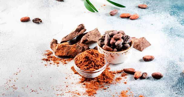 Organic cocoa powder, beans, grated lump on gray background. Copy space - Φωτογραφία, εικόνα