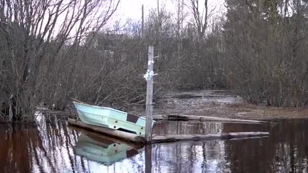 Reaaliaikainen, kallellaan, vene tulvii järven rannalla keväällä - Materiaali, video