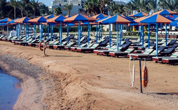 ベージュの砂の上に並ぶチェーンラウンジがあるビーチ。休暇と旅行のコンセプト - 写真・画像