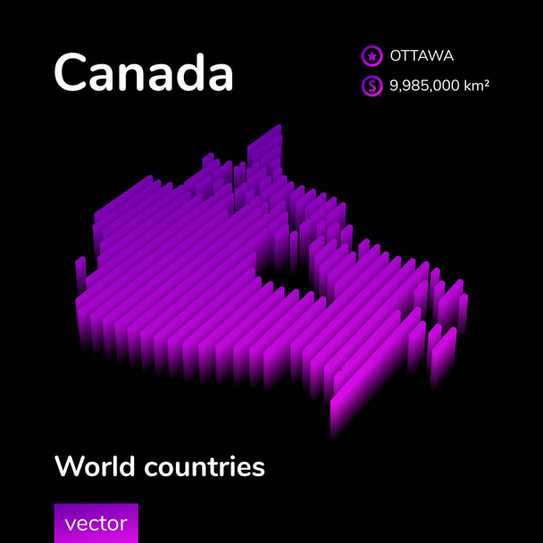 Stilisierte neonfarbene einfache digitale isometrisch gestreifte Vektor-Kanada-Karte mit 3D-Effekt. Kanada-Karte in violetten und rosa Farben auf schwarzem Hintergrund - Vektor, Bild