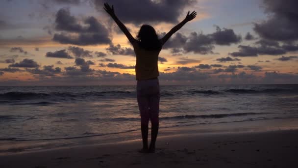 Silueta de la joven levante las manos en la playa al atardecer Increíble luz al atardecer o al amanecer cielo en sol dorado Chica Silueta de pie en la costa viendo las olas del mar en cámara lenta - Metraje, vídeo