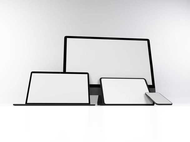 Реалістичний макет декількох адаптивних пристроїв 3D ілюстрація на ізольованому тлі
 - Фото, зображення