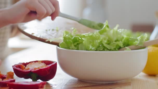 Detailní záběr detail, oříznuté střílení ženské ruce k nepoznání dospívající dívka v zástěře kuchaři salát dává zelený salát listy salátu z dřevěného prkna v misce papriky a rajčata mix ingredience v misce v kuchyni - Záběry, video