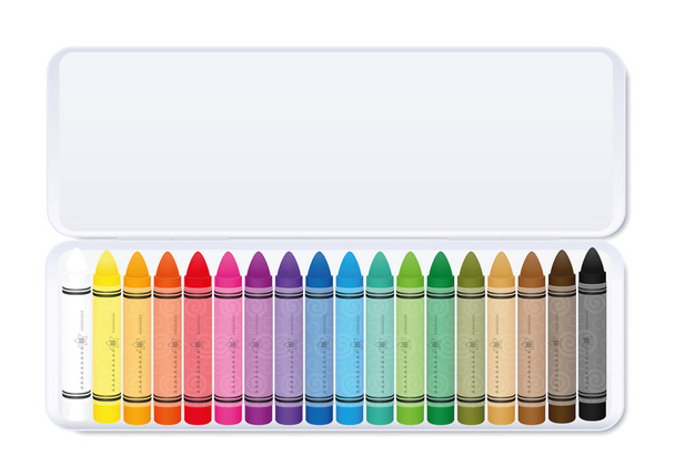 Crayons pastel à la cire, colorés dans une boîte en métal blanc triée par couleur. Illustration vectorielle isolée sur fond blanc. - Vecteur, image