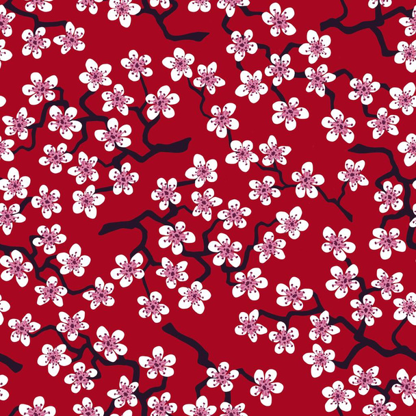Saumaton kuvio kukkivat japanilainen kirsikka sakura oksat kangas, pakkaus, tapetti, tekstiili sisustus, suunnittelu, kutsut, tulostaa, lahjapaperia, valmistus. Vaaleanpunaiset kukat terrakotta taustalla - Valokuva, kuva