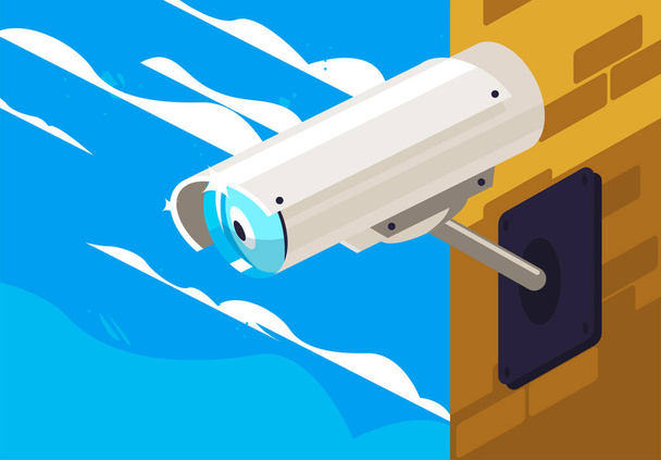    Vector illustration of a security camera mounted on the wall of a building - Vector, Image