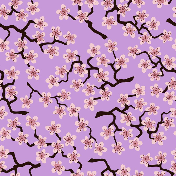 Patrón sin costuras con flores ramas de sakura de cerezo japonés para la tela, embalaje, papel pintado, t decoración extil, diseño, invitaciones, impresión, envoltura de regalo, fabricación. Flores rosadas sobre fondo de lavanda - Foto, imagen