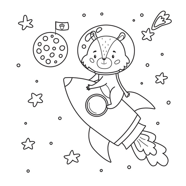 Színező oldal gyerekeknek. Aranyos rajzfilm mókussal a rakétán. Kézzel rajzolt hold zászlóval. Űrtéma. Vázlat fekete fehér illusztráció. - Vektor, kép