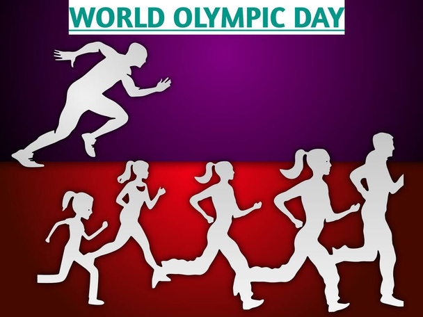 Světový olympijský den kreativní ilustrační koncept, izolovaná silueta běhu, skákání na fialovém a červeném pozadí.  - Fotografie, Obrázek