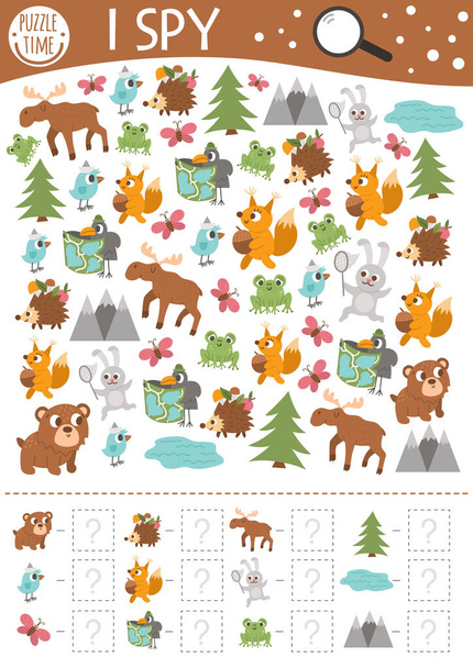 Forest I spy game for kids. Searching and counting activity for preschool children with woodland animals and nature elements. Funny printable worksheet for kids with birds and insects. Simple puzzle - Vector, Image