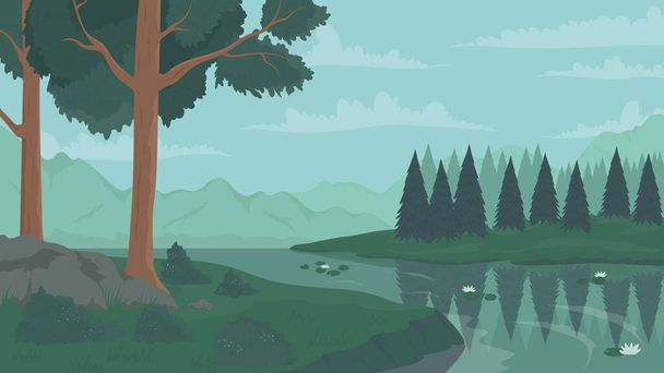Лісова сцена, річка та літні дерева краєвиди природи, пейзаж дикої зеленої долини
 - Вектор, зображення