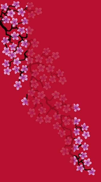 Biglietto di auguri floreale verticale con bel ramo di fiori rosa Sakura. Colori rossi Sfondo con testo spazio copia su Cherry Twig In Bloom.Cartolina buona per l'invito di nozze, mamma, Festa della donna - Foto, immagini