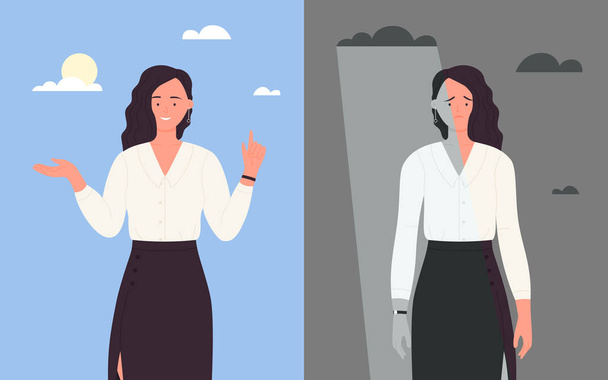 Business people in good and bad mood, happy businesswoman in suit, sad woman office worker - Vector, Image