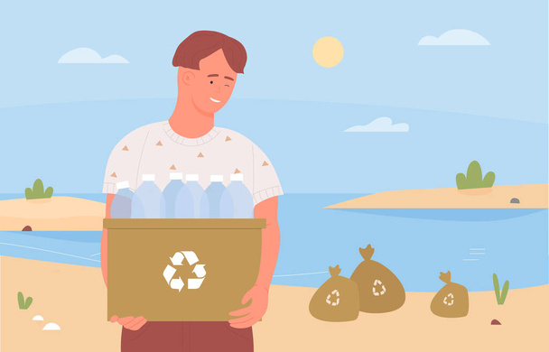 Glücklicher Teenager, der Strand putzt, Müll sammelt, Kartons aufbewahrt - Vektor, Bild