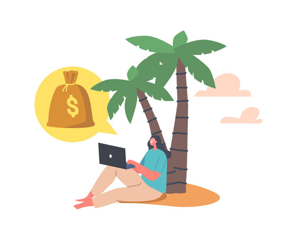 Nuori Freelancer Character istuu Palm Tree käsittelyssä tietoa Laptop, nauttia vapaudesta ja passiiviset tulot - Vektori, kuva