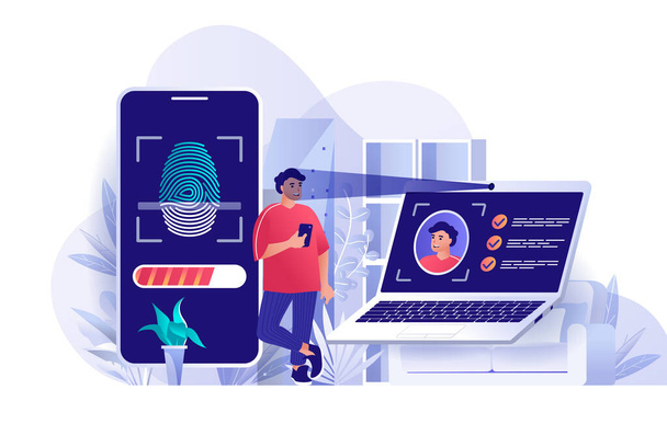 Biometric access control concept in flat design. User identification by face recognition and fingerprint scene template. Man access to his account. Vector illustration of people characters activities - Vector, Image