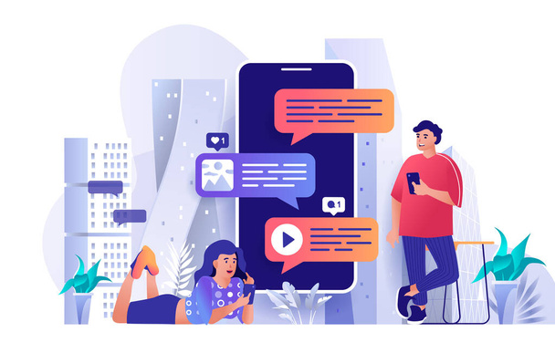 Messaging service concept in flat design. Online communication and email scene template. Man and woman texting in mobile application, send messages. Vector illustration of people characters activities - Vector, Image