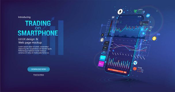 App for trading cryptocurrency on the phone. Template trading platform, web page concept. Smartphone App with UI, online statistic, data analytics and finance. Trends and financial strategy. Vector - Wektor, obraz