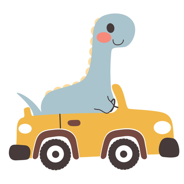 Cute happy diplodocus dinosaur riding yellow convertible car - Vector, Imagen