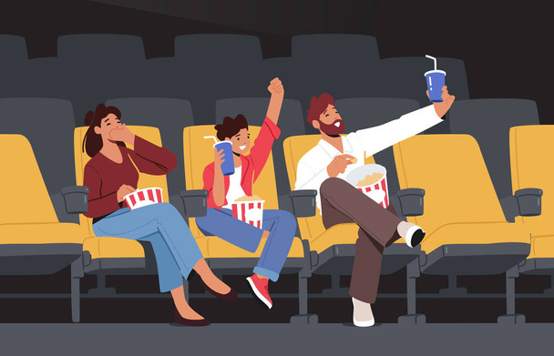 Happy Family Watching Movie at Cinema, Weekend Entertainment. Молодая мать, отец и сын наслаждаются фильмом в кинотеатре - Вектор,изображение