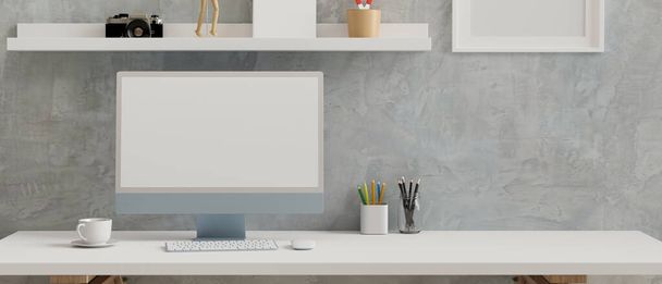 Modrý pastelový monitor s modrou obrazovkou na bílém stole v podkrovní kanceláři, 3D vykreslování, 3D ilustrace - Fotografie, Obrázek