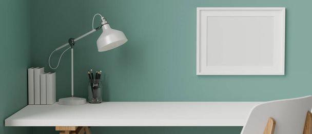 Stylish working space with stationery, books and lamp on white table and frame decorated on turquoise wall, 3D rendering, 3D illustration - Foto, afbeelding