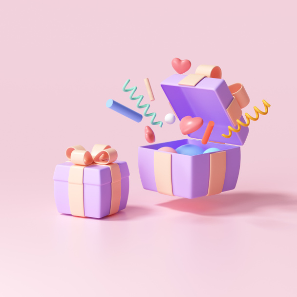 3D surprise geschenkdoos, open geschenkdoos met objecten explosie, begroeting, geluk, speciale aanbieding concept. 3d illustratie weergeven - Foto, afbeelding