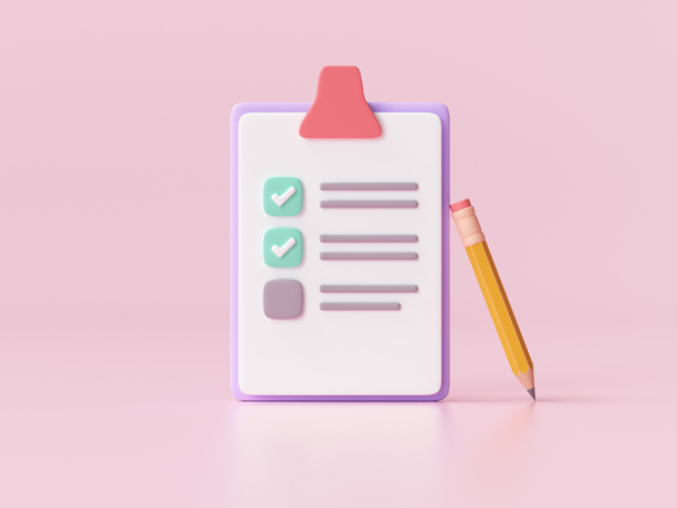 White clipboard with checklist on pink background. 3d render illustration. - Photo, Image