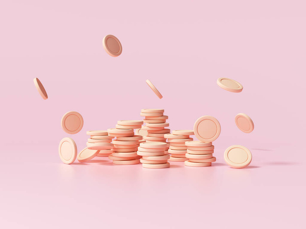 Münzstapel mit fallenden Münzen auf rosa Hintergrund, Gewinn aus Unternehmensinvestitionen, Sparkonzept. 3D-Darstellung. - Foto, Bild