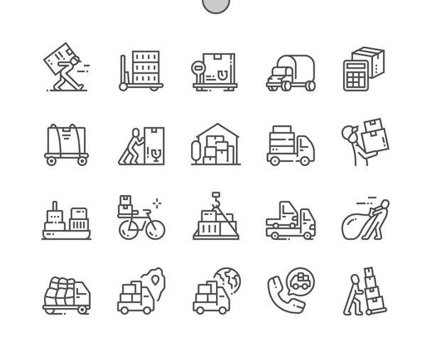 Overweight delivery. Warehouse. Freight car. Courier with box. Big cargo. Commercial, logistic, transportation and service. Pixel Perfect Vector Thin Line Icons. Simple Minimal Pictogram - Vector, Image
