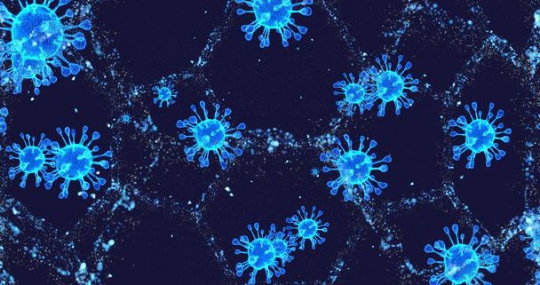 Coronaviruscellen COVID-19 Infectieziekte. Snelle overdracht verspreidt ziekte. Hoge concentratie van het coronavirus. 3D weergave 3D illustratie - Foto, afbeelding