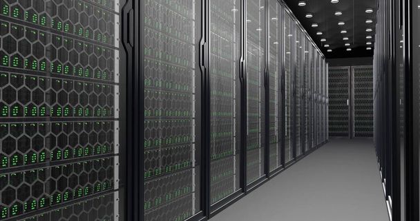 デジタル情報は、データセンターのサーバールームにあるガラスパネルの後ろのネットワークとデータサーバーを介して光ファイバーケーブルを通過します。高速デジタルライン。高画質. - 写真・画像