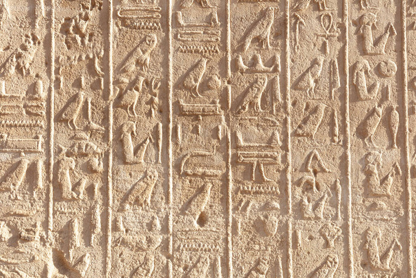 Egyptin hieroglyfit muinaisessa Karnakin temppelin seinässä. - Valokuva, kuva