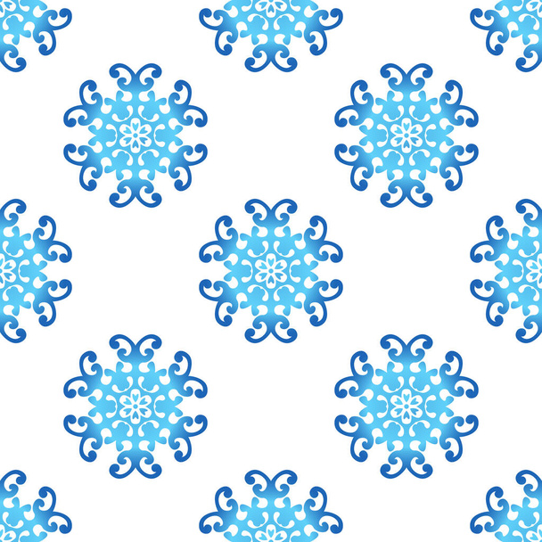 Winter seamless pattern with blue gradient snowflakes on white background. Vector illustration for fabric, textile wallpaper, posters, gift wrapping paper. Christmas vector illustration - Вектор, зображення