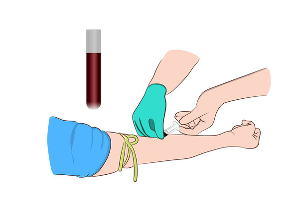 Vector illustratie beeld een arts met behulp van een naald om bloed te onttrekken aan een onderzoeker Om het lichaam te controleren - Vector, afbeelding