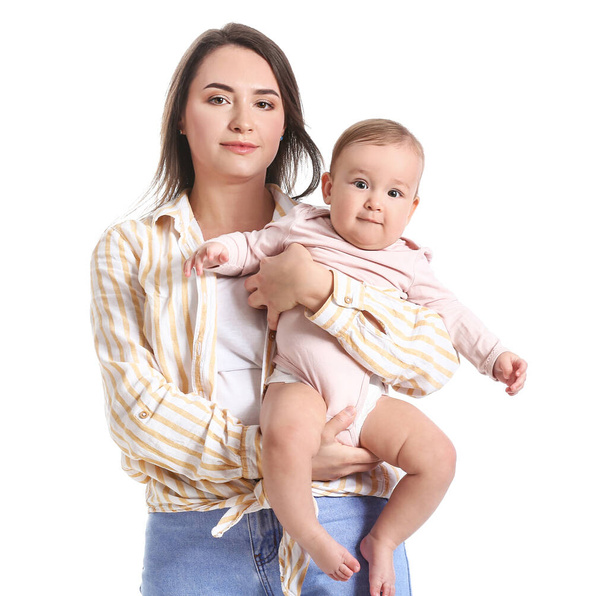 Mother with cute little baby on white background - Photo, Image
