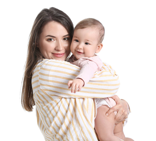 Madre con lindo bebé sobre fondo blanco, primer plano - Foto, Imagen