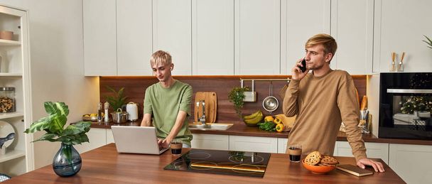 Same-sex caucasian male couple working on laptop - Valokuva, kuva