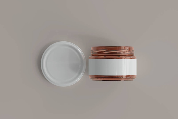 Tarro de comida de vidrio ámbar con representación 3D de etiquetas en blanco - Foto, Imagen
