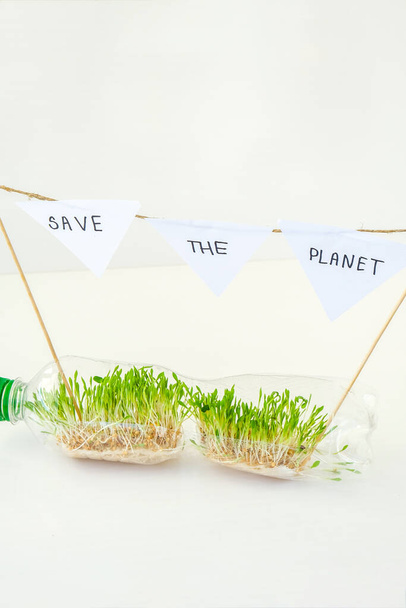 SAVE THE PLANET Young green plants in plastic bottle. Ecology and Environmental conversation. Earth day concept. Global pollution of the planet. Seedling. Sustainable lifestyle. Reuse plastic garbage - Fotoğraf, Görsel