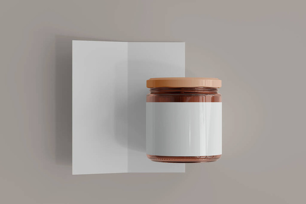 Blank Label Amber Glass Food Jar with Bi-Fold Brochure 3D Rendering - Photo, Image