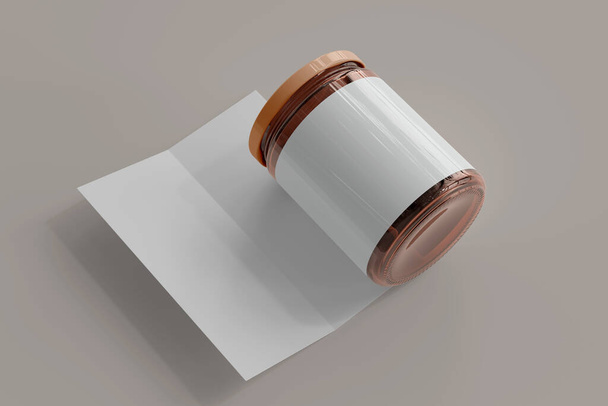 Бланк этикетки янтарная стеклянная банка продуктов питания с Bi-Fold брошюра 3D рендеринг - Фото, изображение