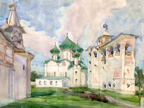 Akvarell táj a kolostor hagyományosan ősi építészeti stílus hagyma alakú kupolák a város Suzdal, Oroszország. Színes illusztráció, szüret Húsvéti üdvözlőlap - Fotó, kép