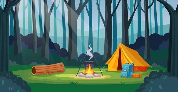 Sommerlager im Wald mit Lagerfeuer, Zelt, Rucksack - Vektor, Bild