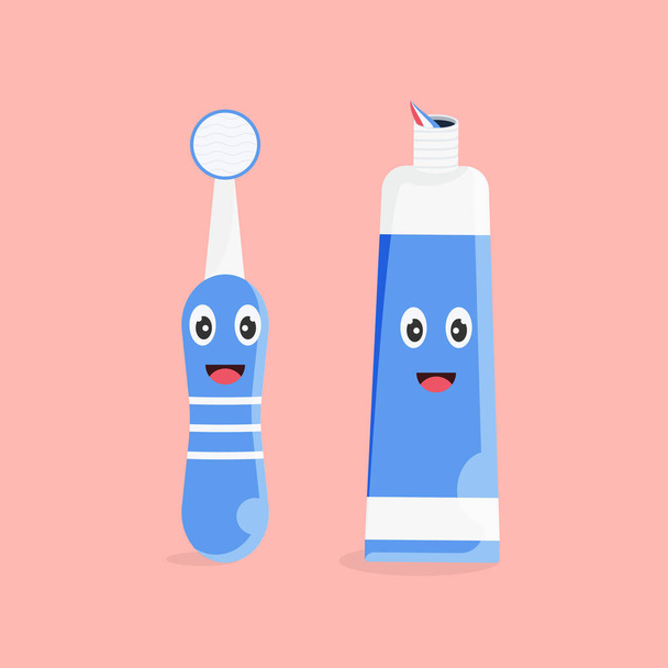 歯磨き粉と歯ブラシのキャラクターデザイン。幸せで面白い顔をして - ベクター画像