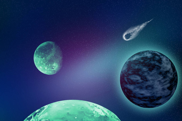 Planeten en sterren, sterrenbeelden en universum-nevel op de Melkweg. Wetenschappelijke futuristische esoterische achtergrond. - Foto, afbeelding
